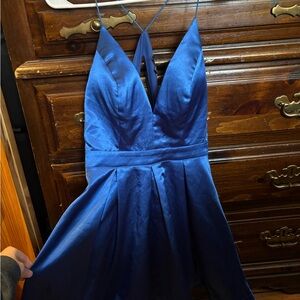 Royal Blue Satin V-Neck A-Line Dress